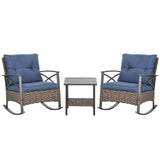 Outsunny 3pc Rocking Chair Set w/ Cushions, Wicker Bistro Set, Dark Blue